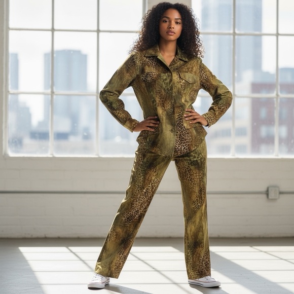 Andre Oliver Vintage Brown Animal Leopard Print Button Front Pantsuit 10 - Picture 11 of 11